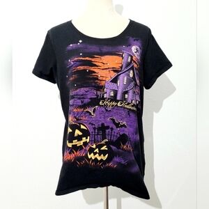 Women's Halloween T-Shirt Size XL 16-18 Haunted House Pumpkin Graphic Tee Black